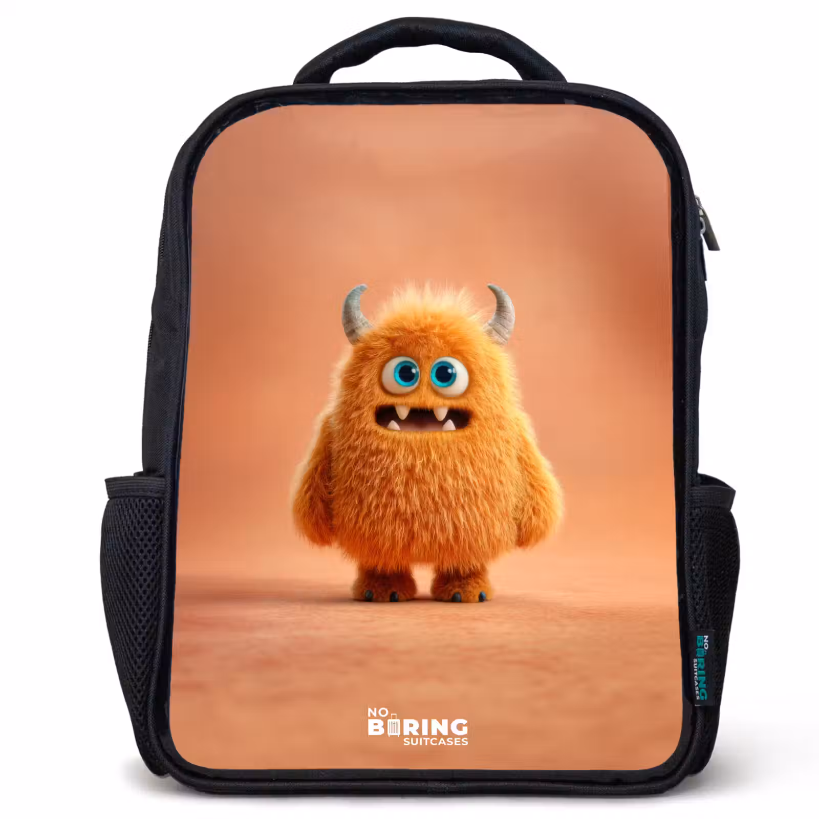 Kids backpack - Black - Orange Fluffy Monster with Horns — 1