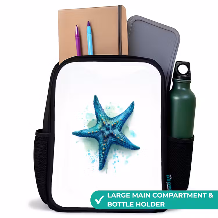 Kids backpack - Black - Blue Starfish on White Background — 10