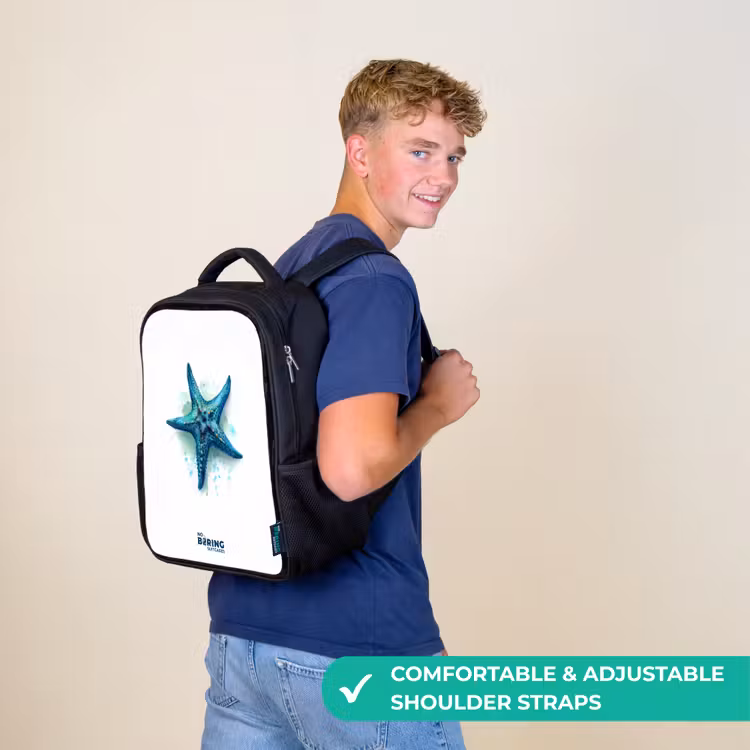 Kids backpack - Black - Blue Starfish on White Background — 11