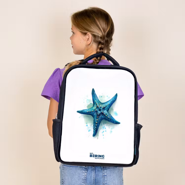 Kids backpack - Black - Blue Starfish on White Background — 4