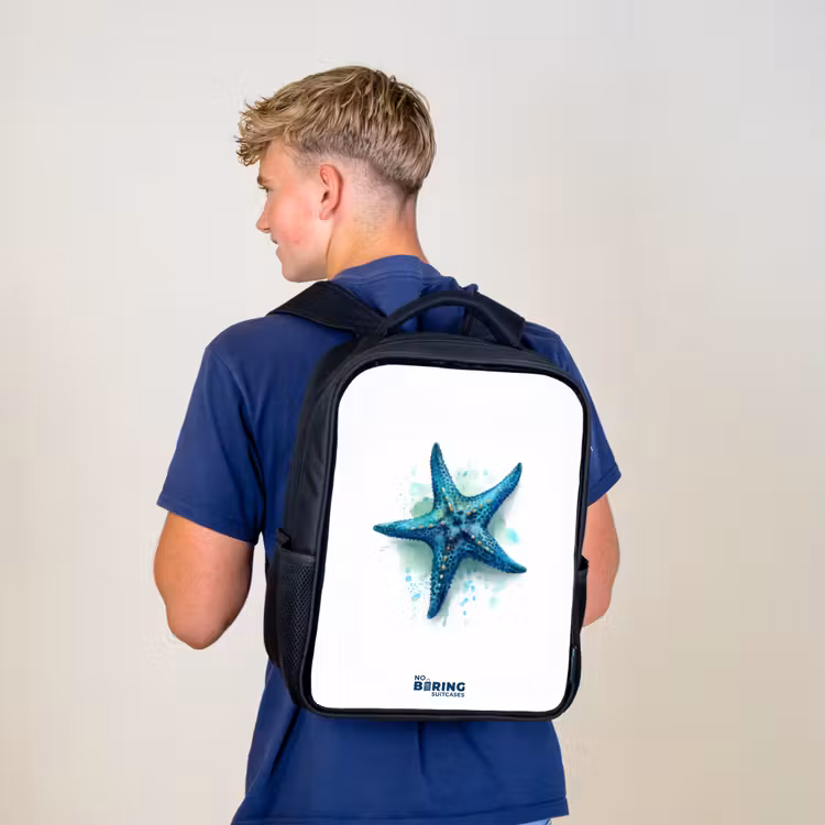 Kids backpack - Black - Blue Starfish on White Background — 5