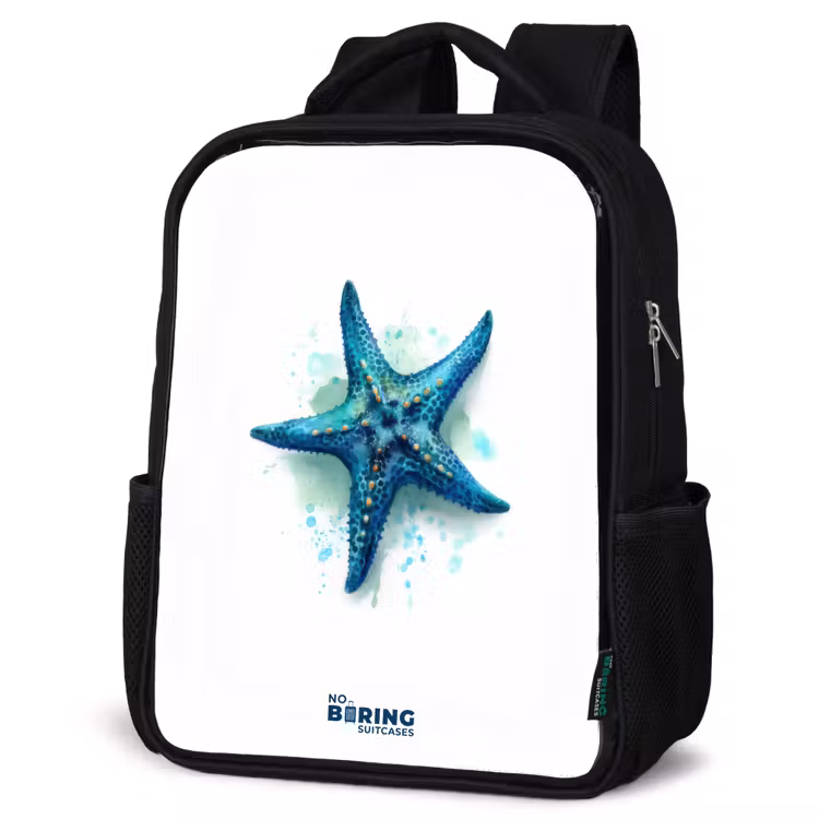 Kids backpack - Black - Blue Starfish on White Background — 6