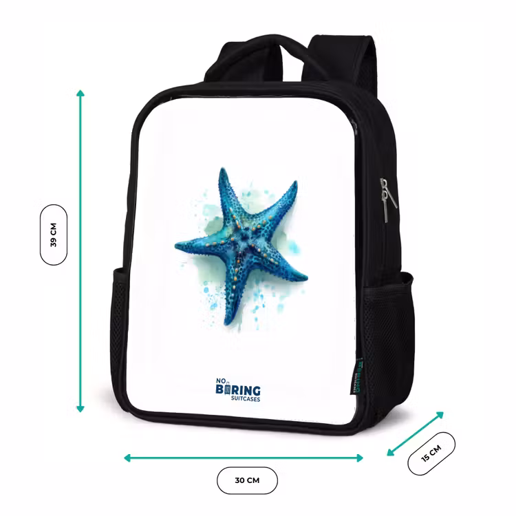 Kids backpack - Black - Blue Starfish on White Background — 8