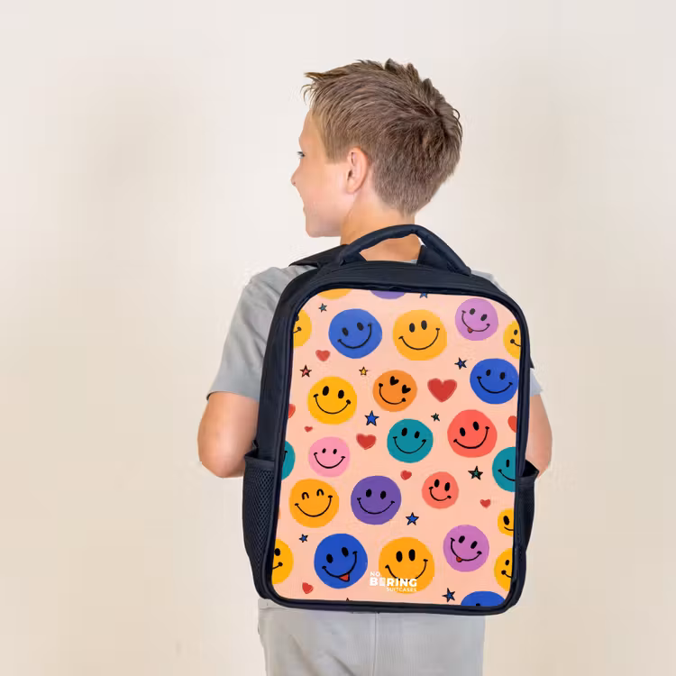 Kids backpack - Black - Cheerful Smiley Pattern — 2