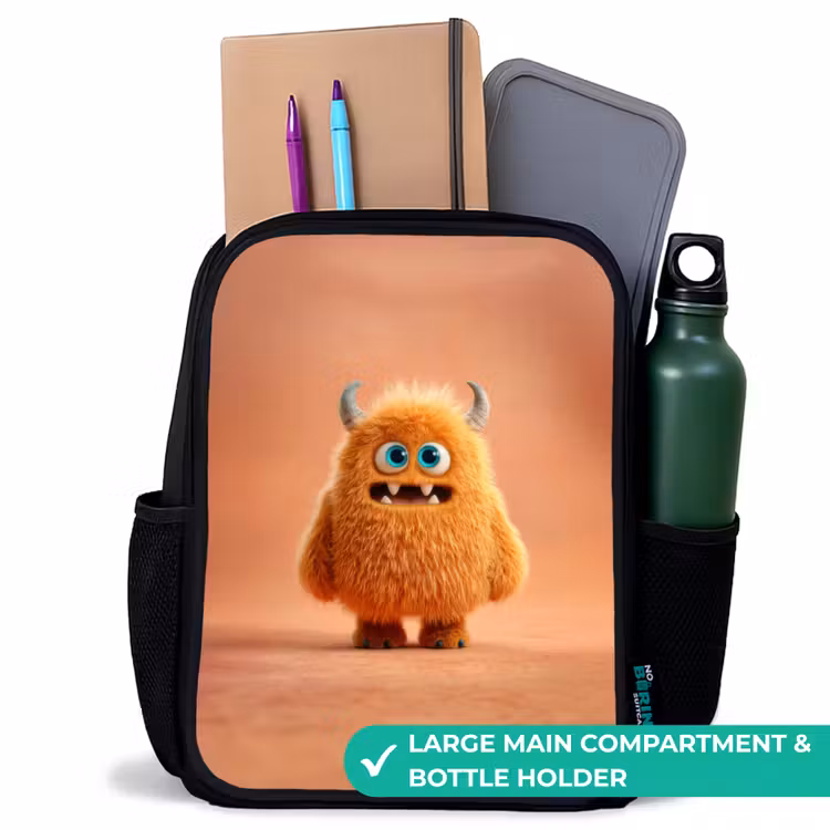 Kids backpack - Black - Orange Fluffy Monster with Horns — 10