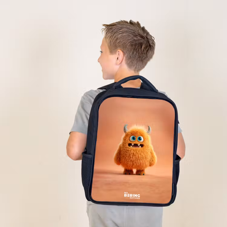Kids backpack - Black - Orange Fluffy Monster with Horns — 2