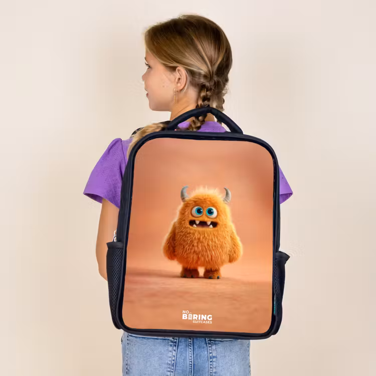 Kids backpack - Black - Orange Fluffy Monster with Horns — 4