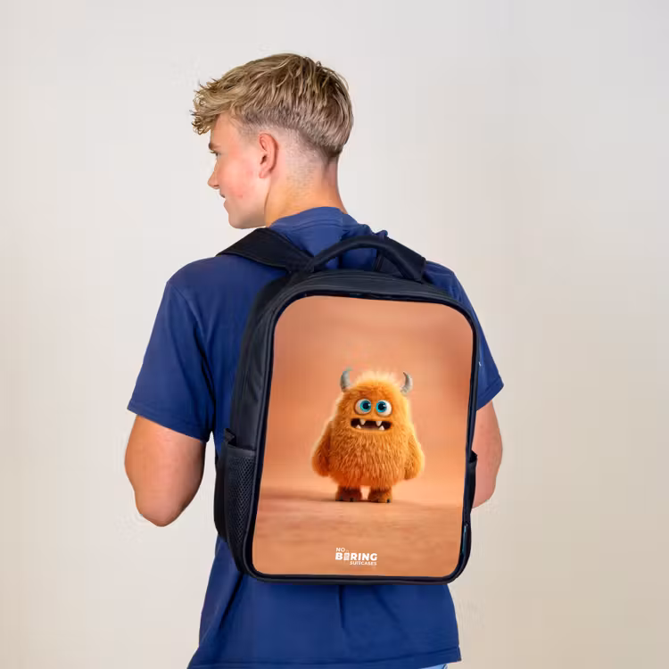 Kids backpack - Black - Orange Fluffy Monster with Horns — 5