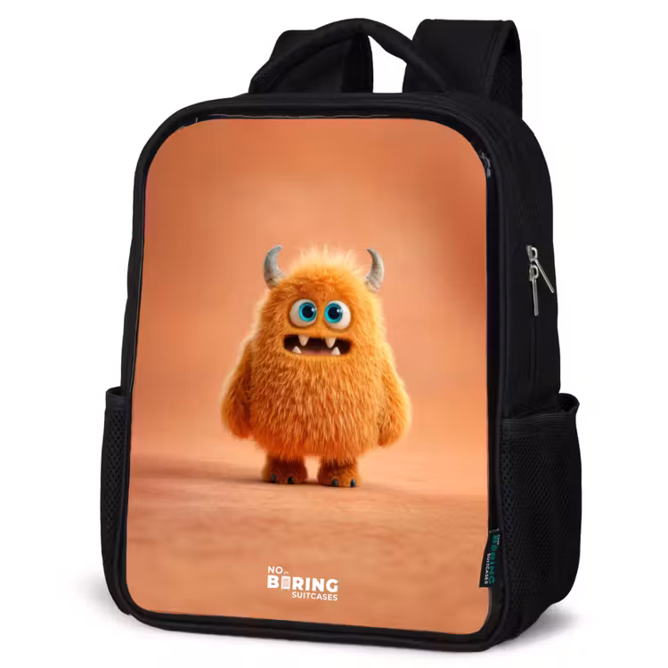 Kids backpack - Black - Orange Fluffy Monster with Horns — 6