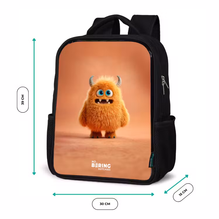 Kids backpack - Black - Orange Fluffy Monster with Horns — 8