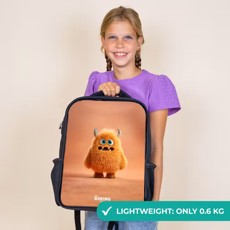 Kids backpack - Black - Orange Fluffy Monster with Horns — 9