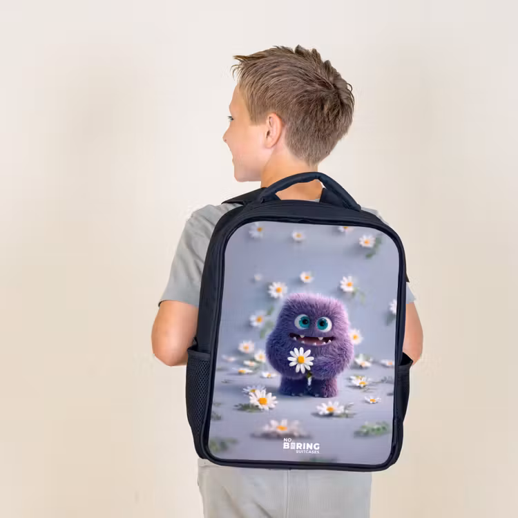 Kids backpack - Black - Purple Fluffy Friend with Daisy — 2
