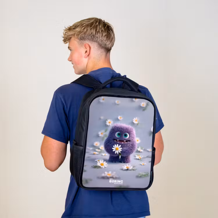 Kids backpack - Black - Purple Fluffy Friend with Daisy — 5