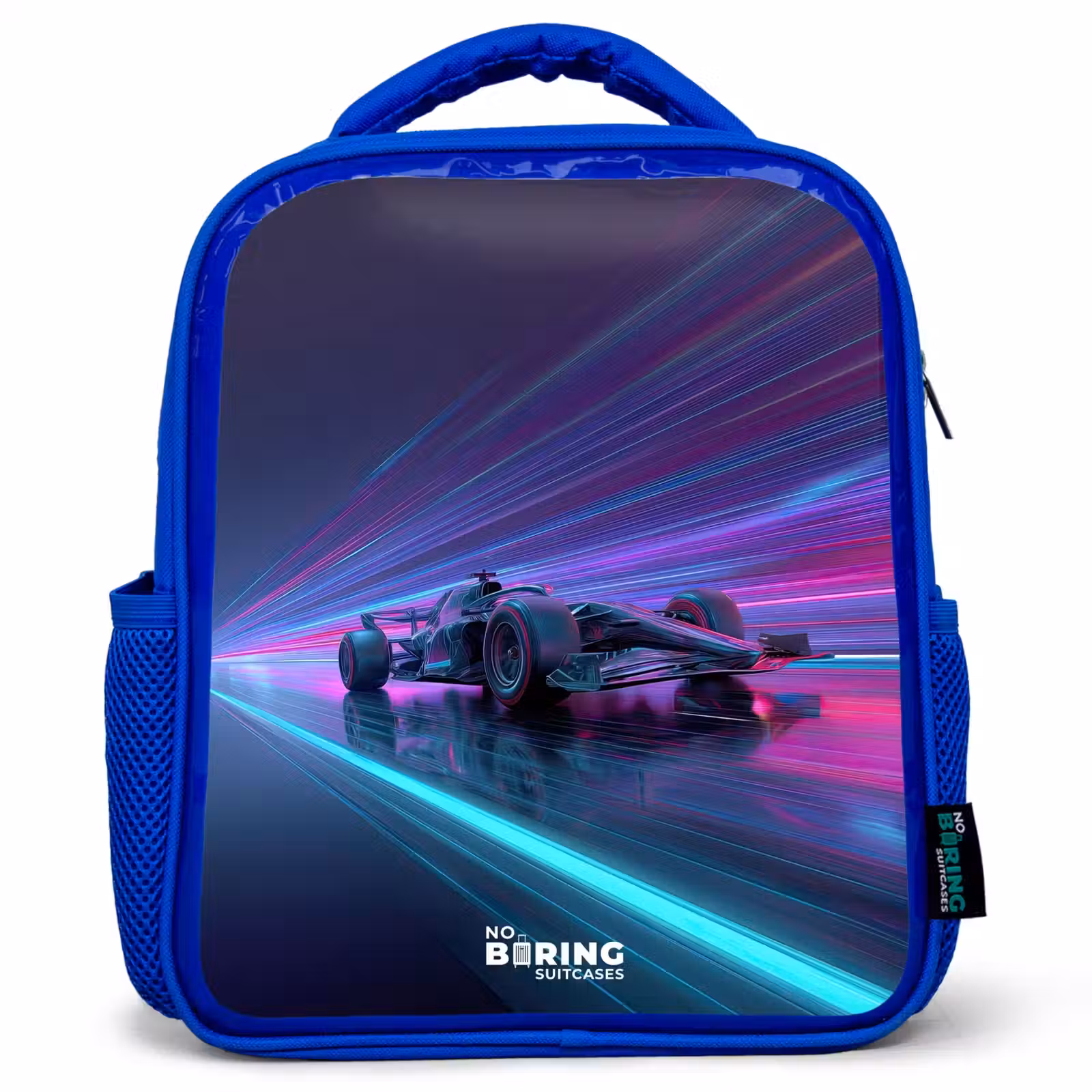 Kids backpack with name - Blue - Neon - Race car - Light stripes - Purple — 1