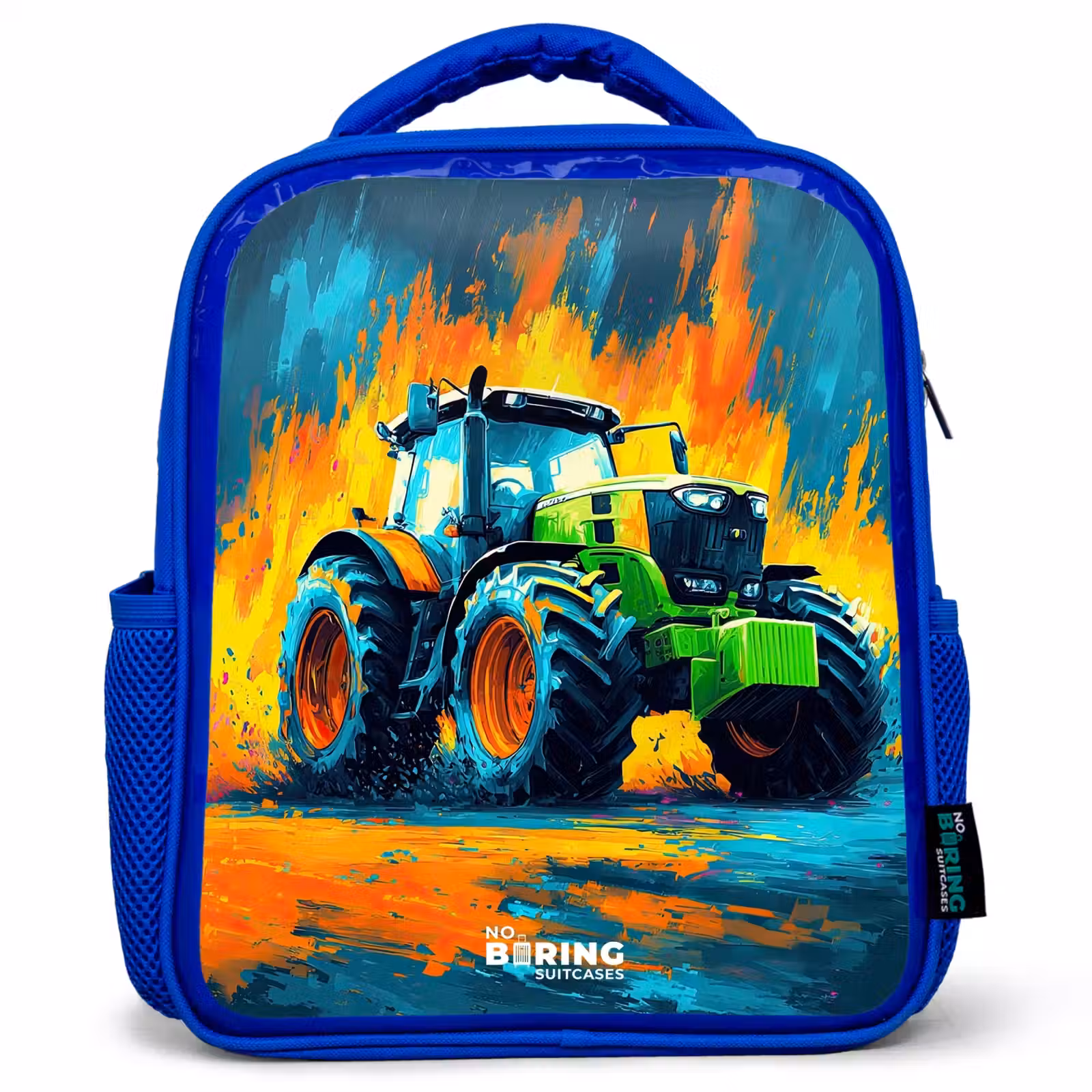 Kids backpack with name - Blue - Tractor - Green - Abstract - Brush strokes — 1