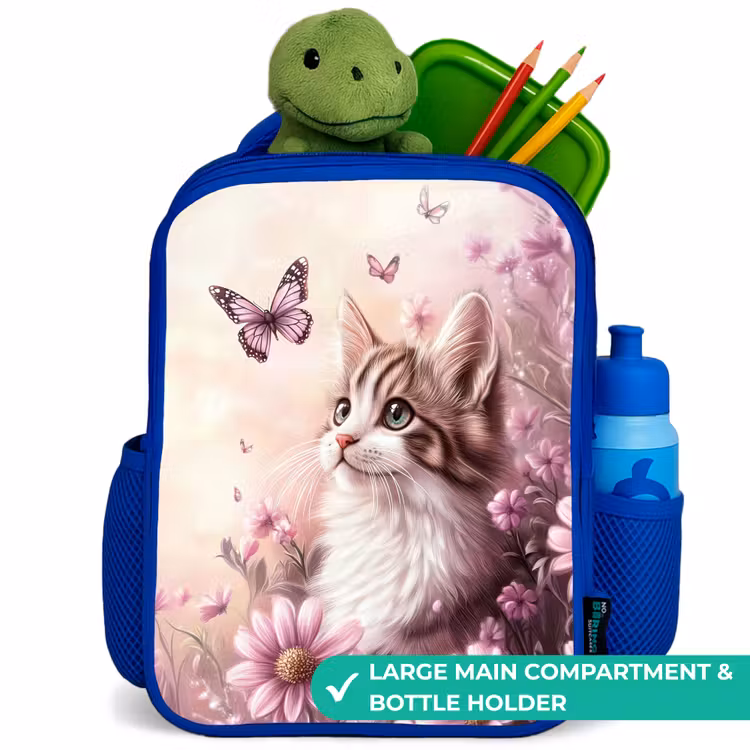 Kids backpack - Blue - Cat - Purple - Butterflies - Flowers — 5