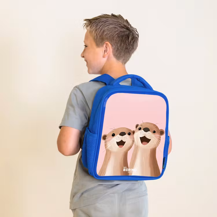 Kids backpack - Blue - Otters - Laughter - Pink - Illustration — 2