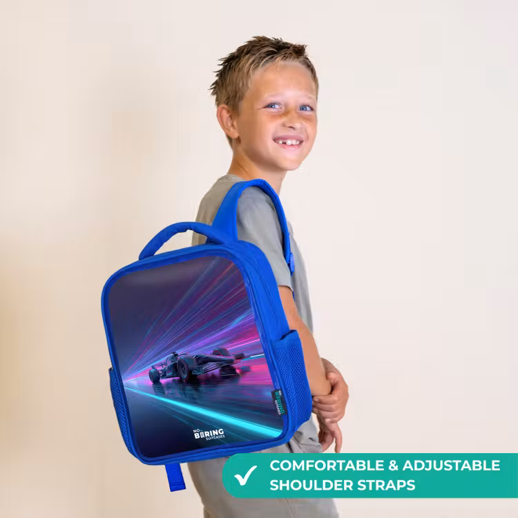 Kids backpack with name - Blue - Neon - Race car - Light stripes - Purple — 4