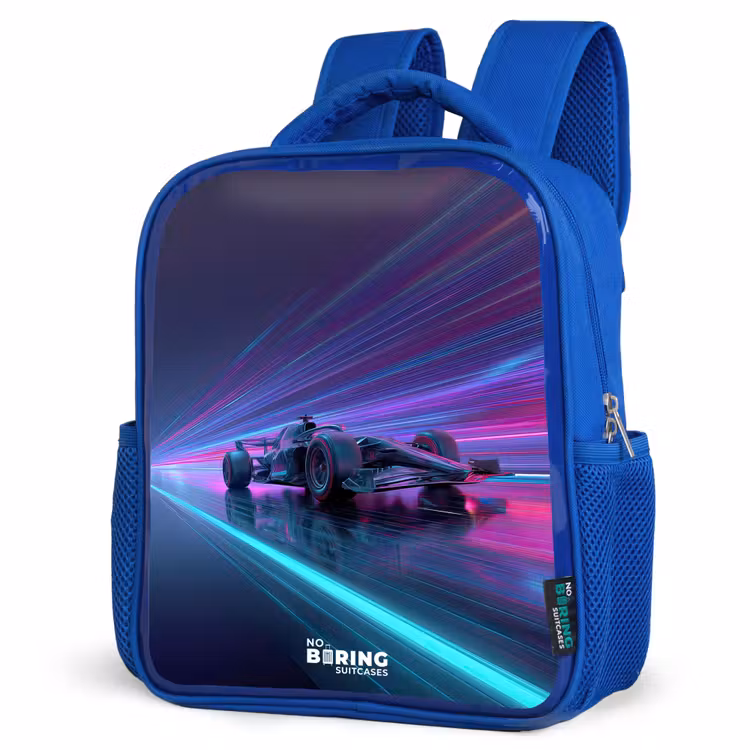 Kids backpack with name - Blue - Neon - Race car - Light stripes - Purple — 7