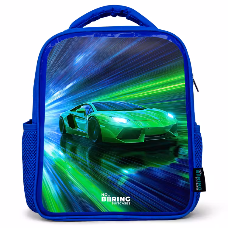 Kids backpack with name - Blue - Race car - Bright green - Beams of light - Speed — 1