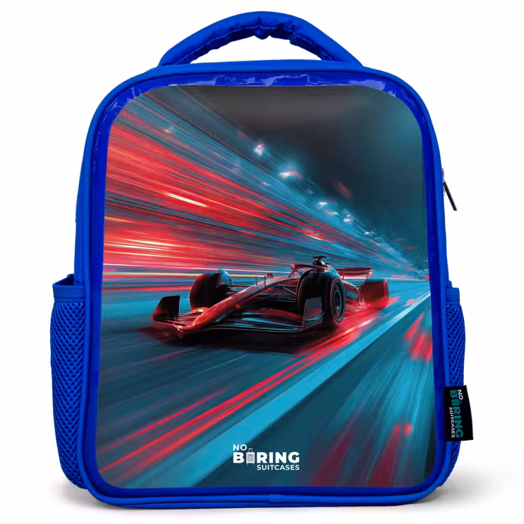 Kids backpack with name - Blue - Race car - Track - Neon - Lighting — 1