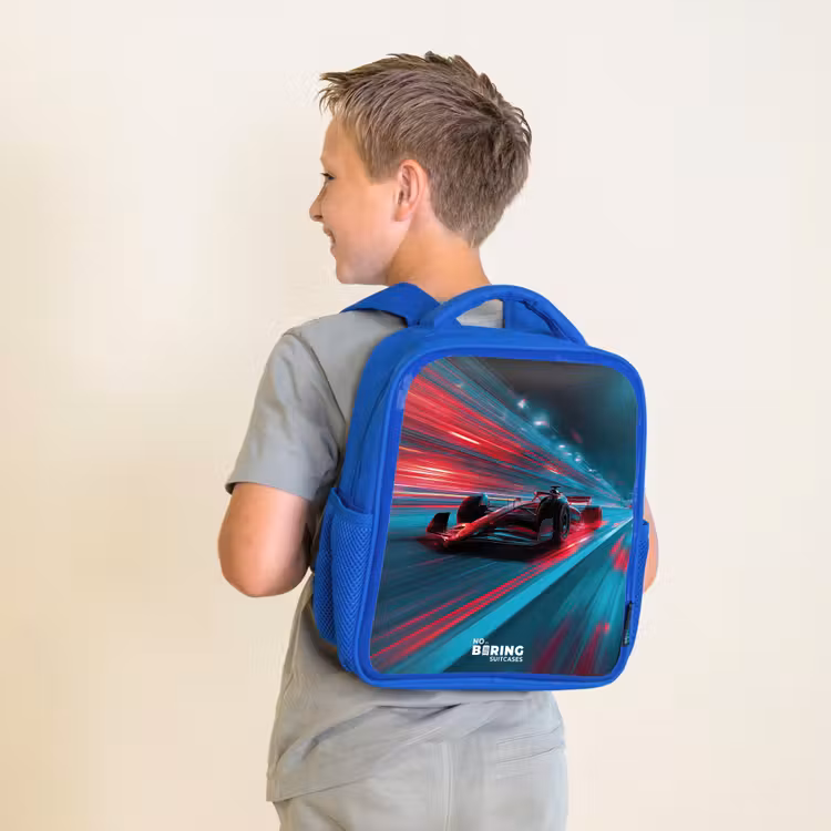 Kids backpack with name - Blue - Race car - Track - Neon - Lighting — 2