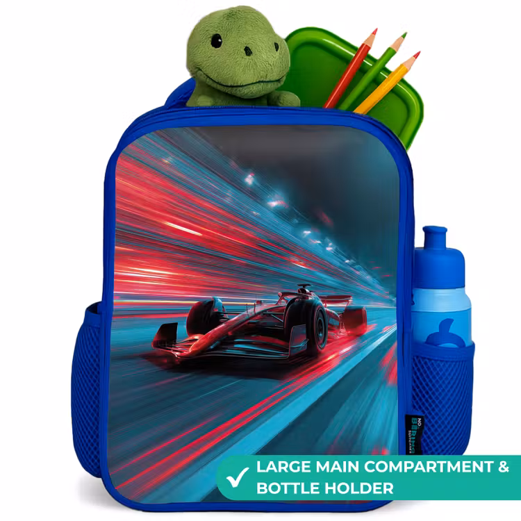 Kids backpack with name - Blue - Race car - Track - Neon - Lighting — 5
