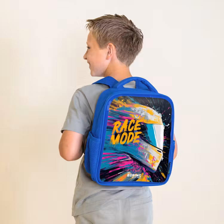 Kids backpack with name - Blue - Racing helmet - Paint splashes - Brush strokes - Racing fashion — 2