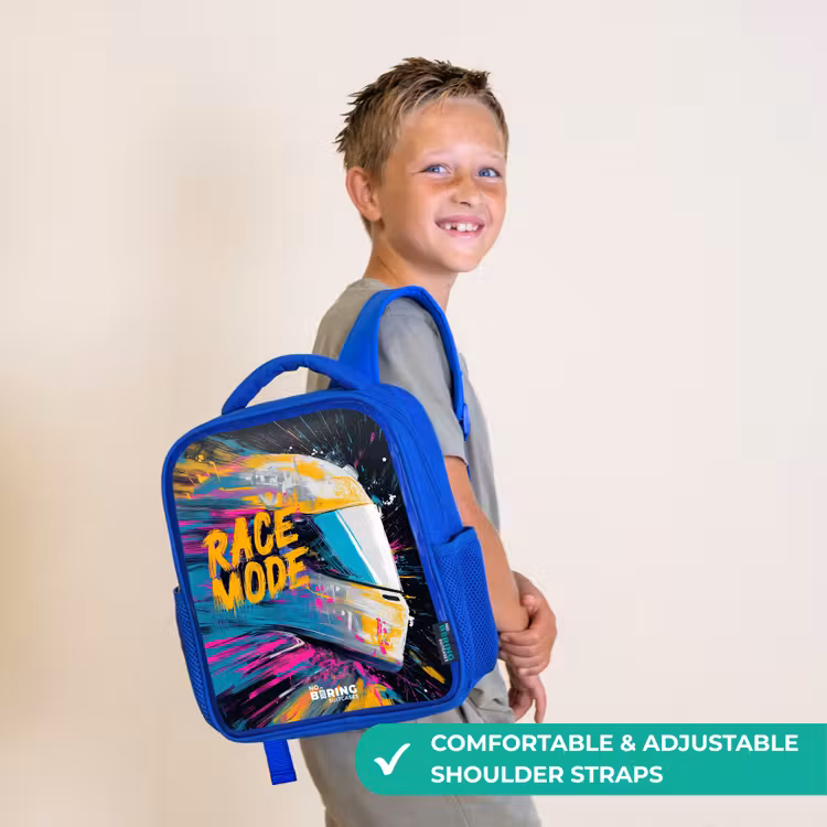 Kids backpack with name - Blue - Racing helmet - Paint splashes - Brush strokes - Racing fashion — 4
