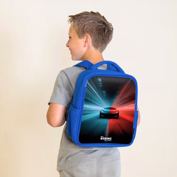 Kids backpack with name - Blue - Sports car - Beams of light - Neon - Blue — 2