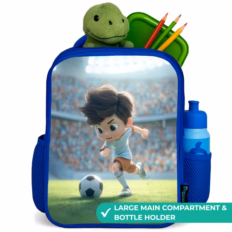 Kids backpack with name - Blue - Boy - Soccer - Stadium - Sunlight — 5