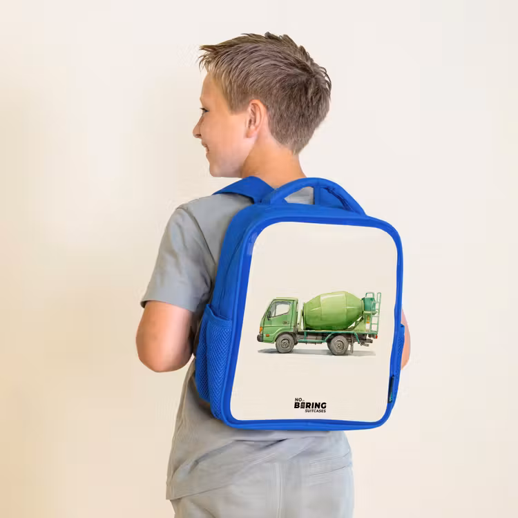 Kids backpack with name - Blue - Concrete mixer - Signed - Green — 2