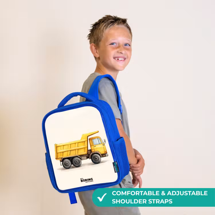 Kids backpack with name - Blue - Dump truck - Signed - Yellow — 4