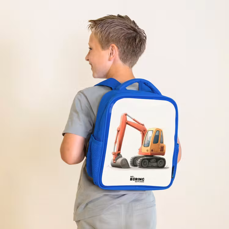 Kids backpack with name - Blue - Excavator - Signed - Orange — 2