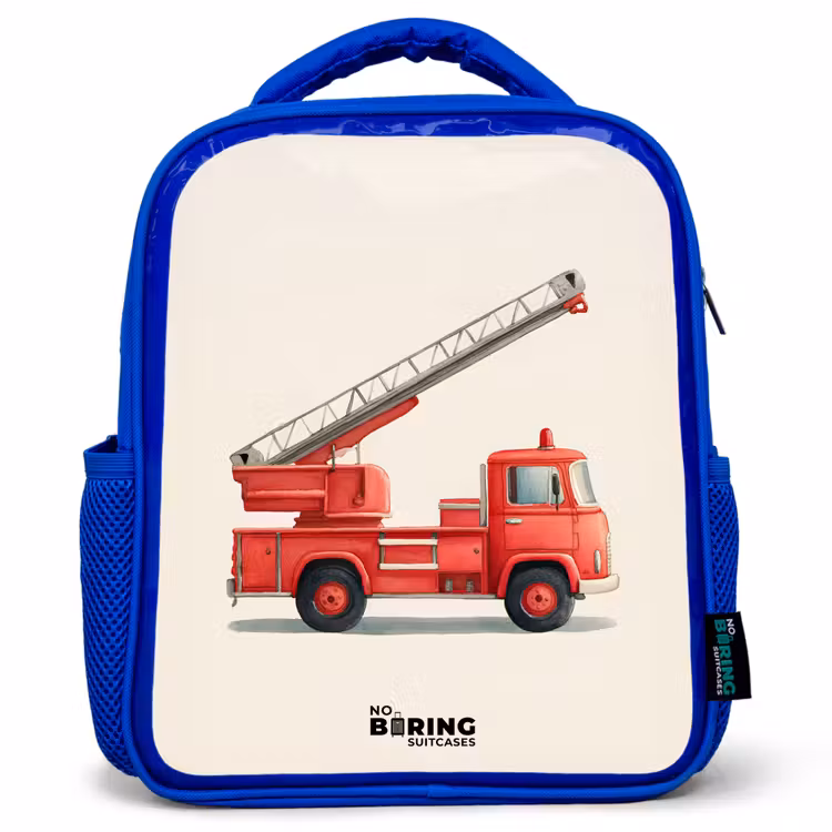 Kids backpack with name - Blue - Fire truck - Signed - Red — 1