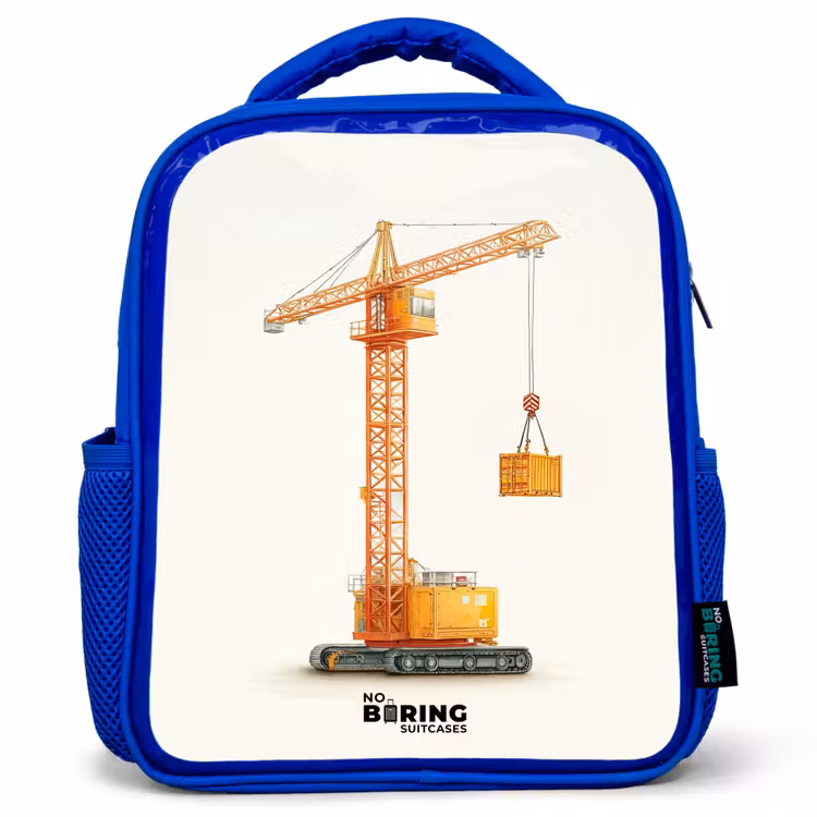 Kids backpack with name - Blue - Tower Crane - Signed - Orange — 1