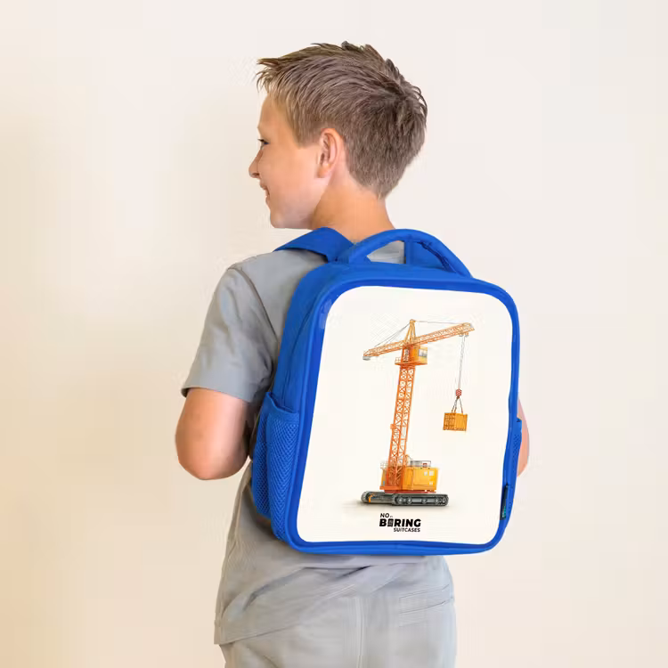 Kids backpack with name - Blue - Tower Crane - Signed - Orange — 2