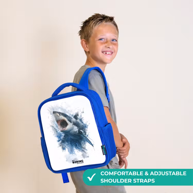 Kids backpack - Blue - Attacking shark in watercolor — 4