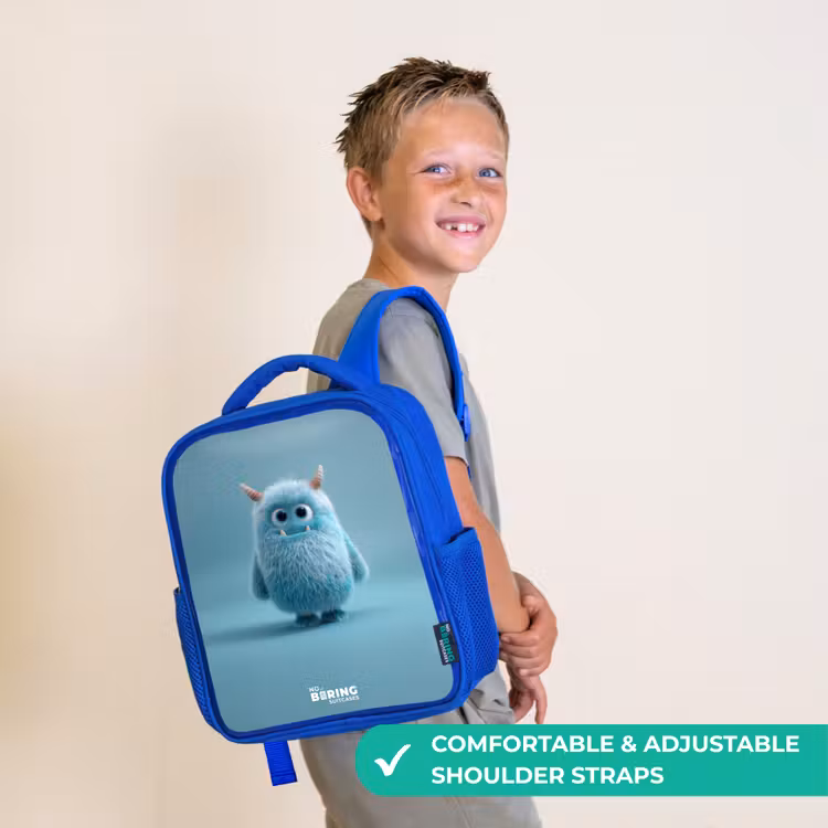 Kids backpack - Blue - Blue fluffy monster with horns — 4