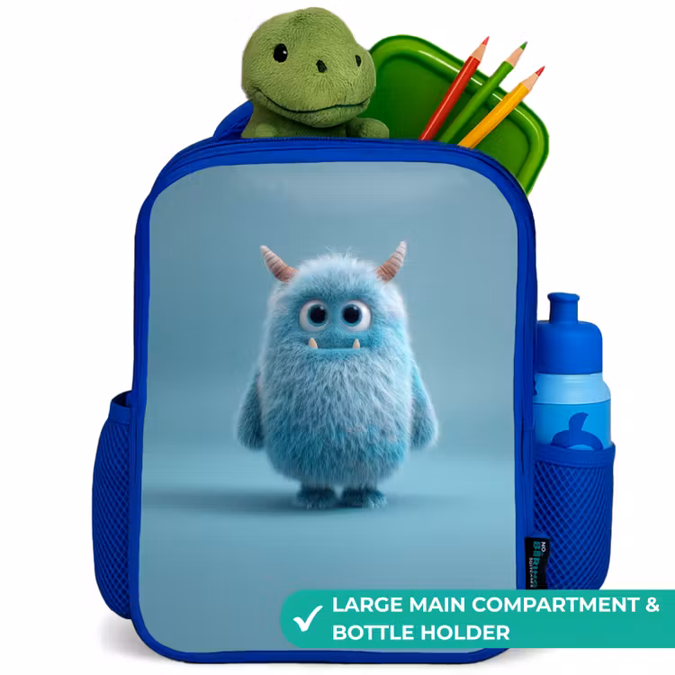 Kids backpack - Blue - Blue fluffy monster with horns — 5