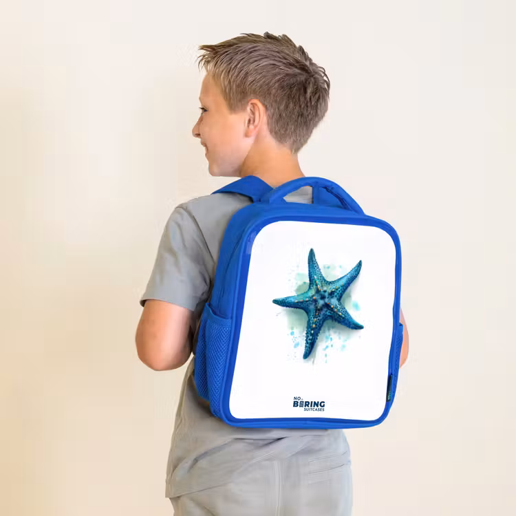Kids backpack - Blue - Blue Starfish on White Background — 2