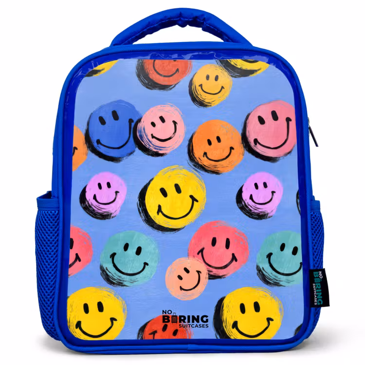 Kids backpack - Blue - A playful and artistic pattern of colorful smileys — 1