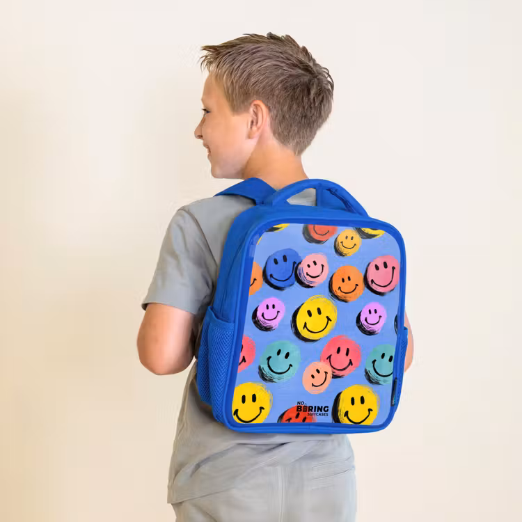 Kids backpack - Blue - A playful and artistic pattern of colorful smileys — 2