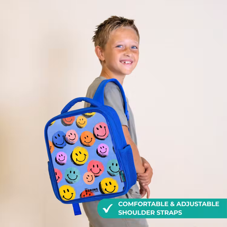 Kids backpack - Blue - A playful and artistic pattern of colorful smileys — 4