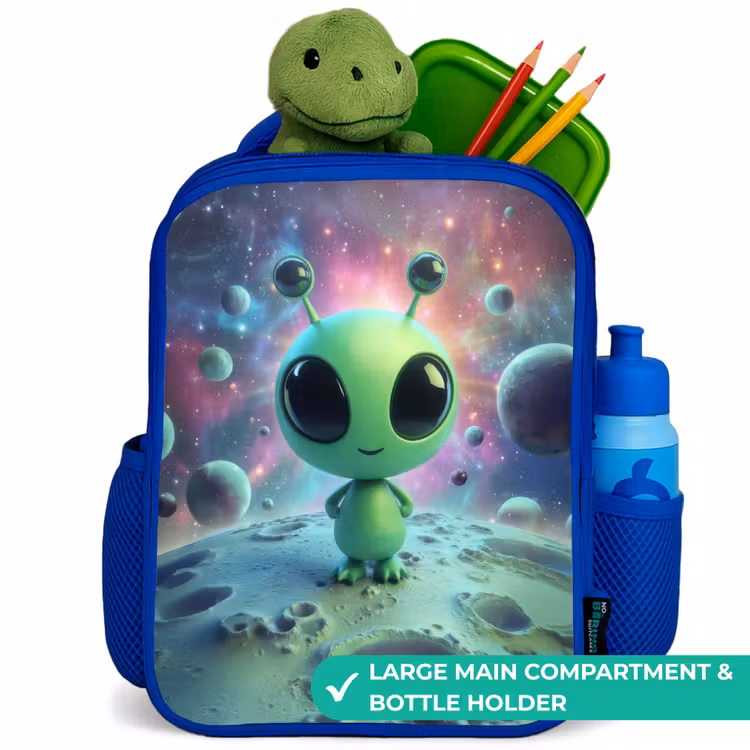 Kids backpack - Blue - Green alien creature on lunar landscape — 5
