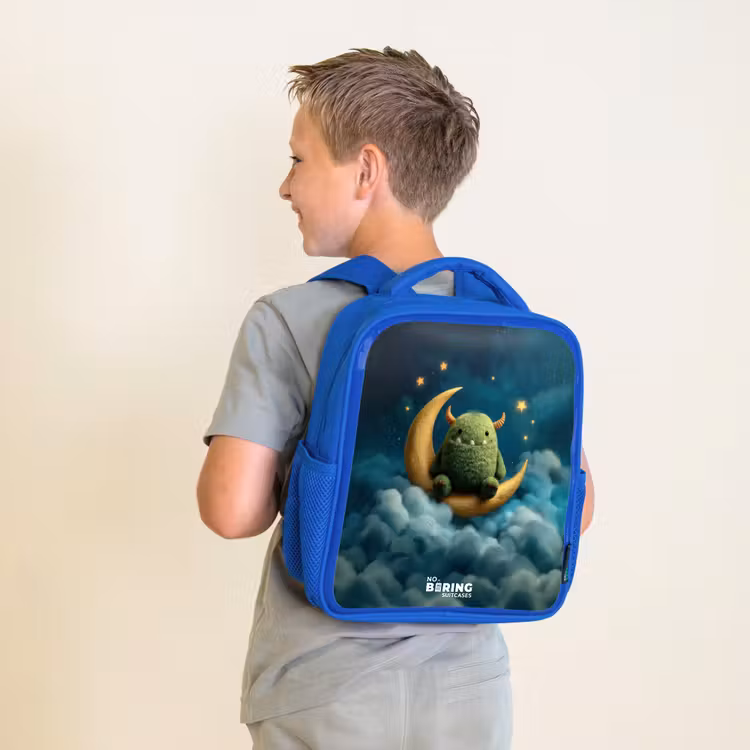 Kids backpack - Blue - Green monster on crescent moon — 2