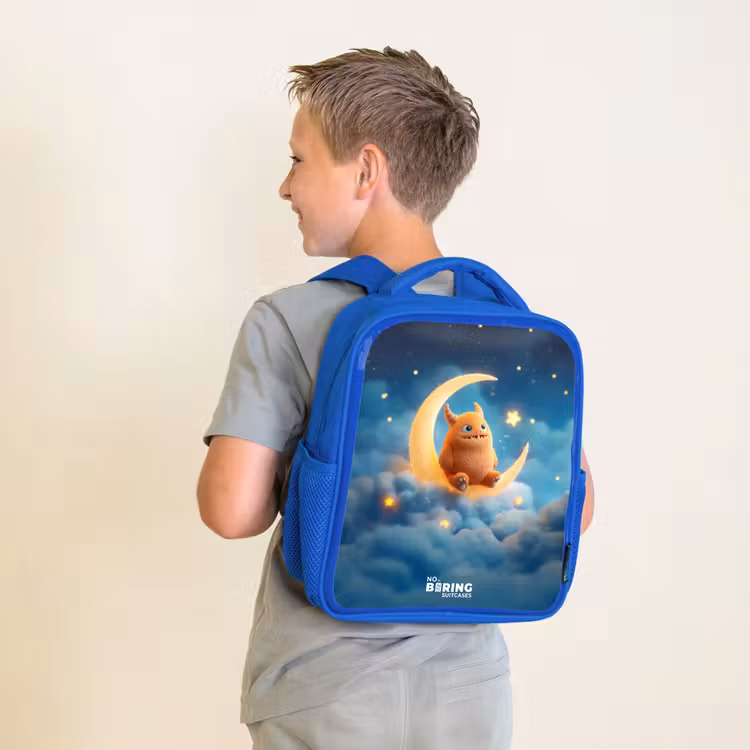 Kids backpack - Blue - Orange monster on crescent moon — 2