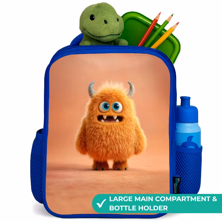 Kids backpack - Blue - Orange Fluffy Monster with Horns — 5