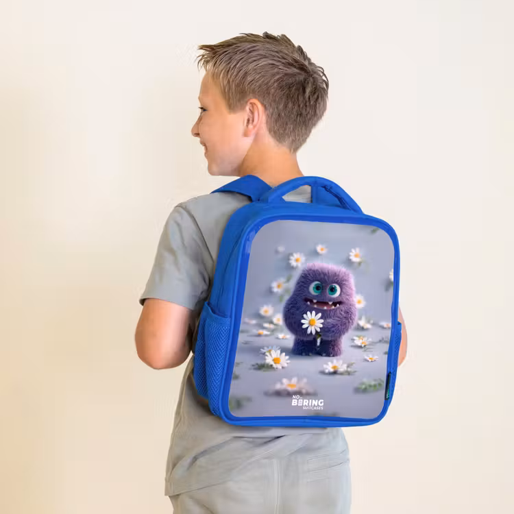 Kids backpack - Blue - Purple Fluffy Friend with Daisy — 2
