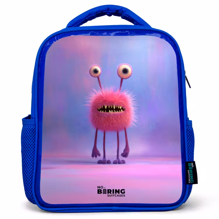 Kids backpack - Blue - Pink furry monster with big eyes — 1